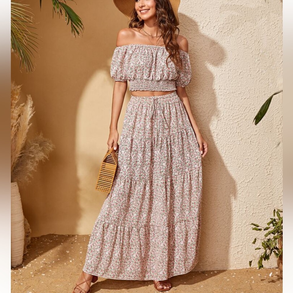 SHEIN SOLD Floral Maxi Skirt in Pink and White